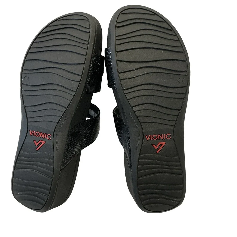 Vionic‎ Sandals Womens Size 11 Black Rio Lizard Skin Slide Buckle Casual Wedge